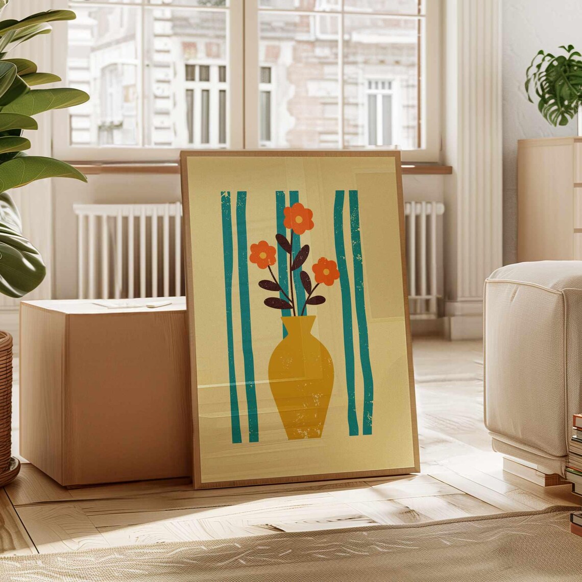 Mid Century Orange Flower Vase Poster Teal Stripes Retro Wall Decor