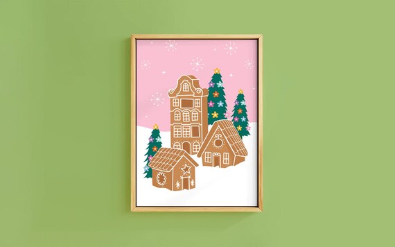 Sweet Gingerbread Houses Snowy Trees Pink Starry Sky Christmas Poster