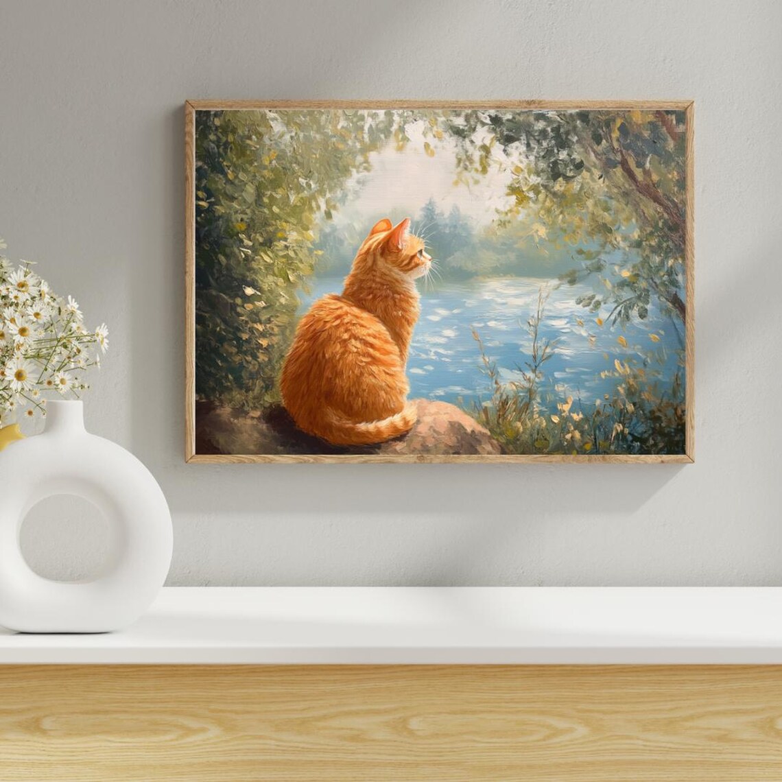 Golden Hour Watcher Cozy Cat By The Lake Art Print - Image 5