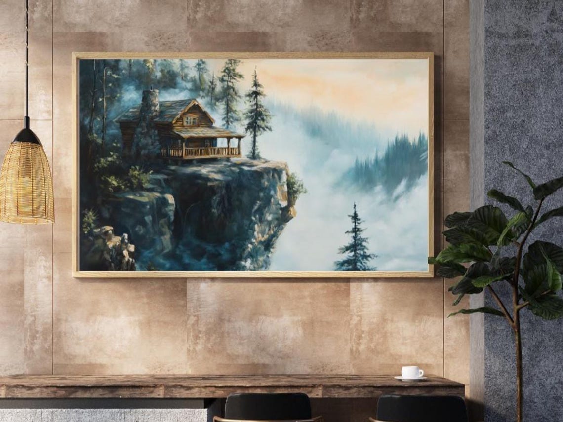 Edge Of Solitude Rustic Mountain Cabin Oil Painting Misty Forest Landscape Wall Art - Image 4