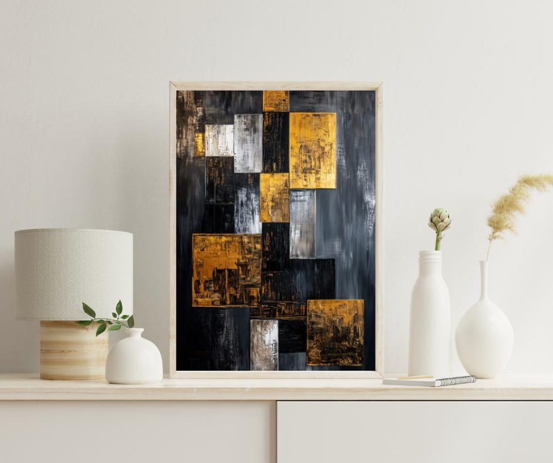 Golden Grid Geometric Abstract Wall Art - Image 2