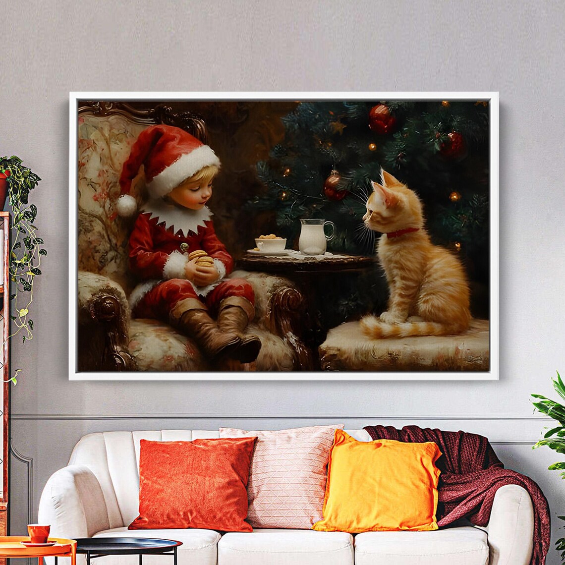 Christmas Elf Child With Orange Kitten Cookies Vintage Holiday Art Poster