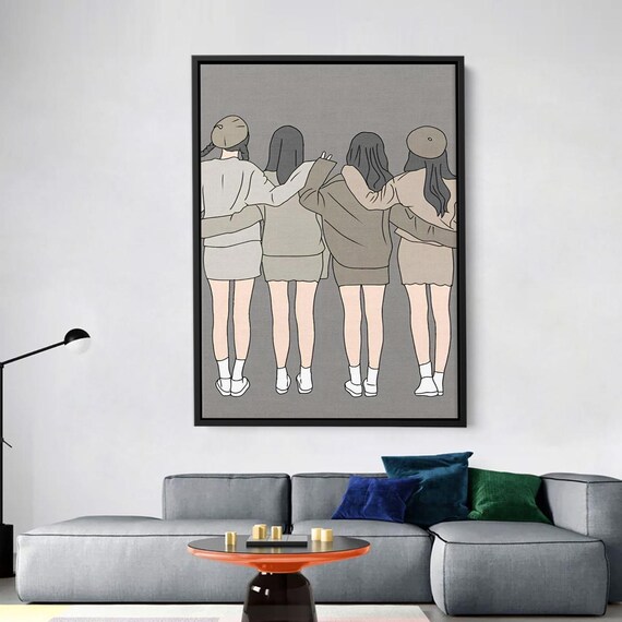 Minimalist Friendship Wall Art Canvas Four Girls Illustration Print Best Friend Poster Gift Sisterhood Artwork Modern Line Decor