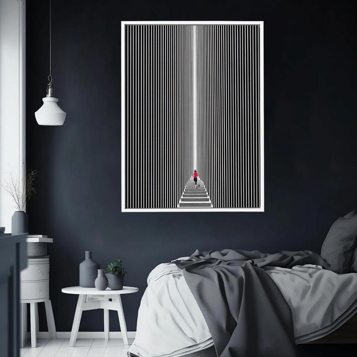 Minimalist Optical Illusion Wall Art Modern Stairs Concept Print Black White Geometric Surreal Poster With Red Accent