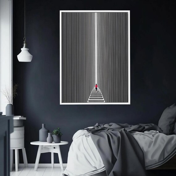 Minimalist Optical Illusion Wall Art Modern Stairs Concept Print Black White Geometric Surreal Poster With Red Accent