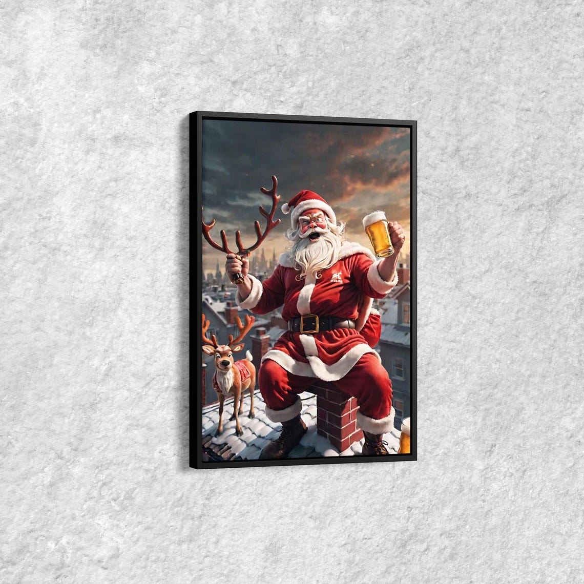 Funny Santa Claus with Beer on Snowy Rooftop Christmas Poster