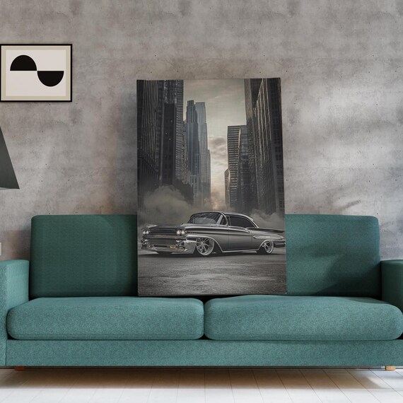 Classic Chrome Car In Urban Fog Retro Vehicle Wall Art Moody Cityscape Canvas Vintage Print Lowrider For Garage Or Office