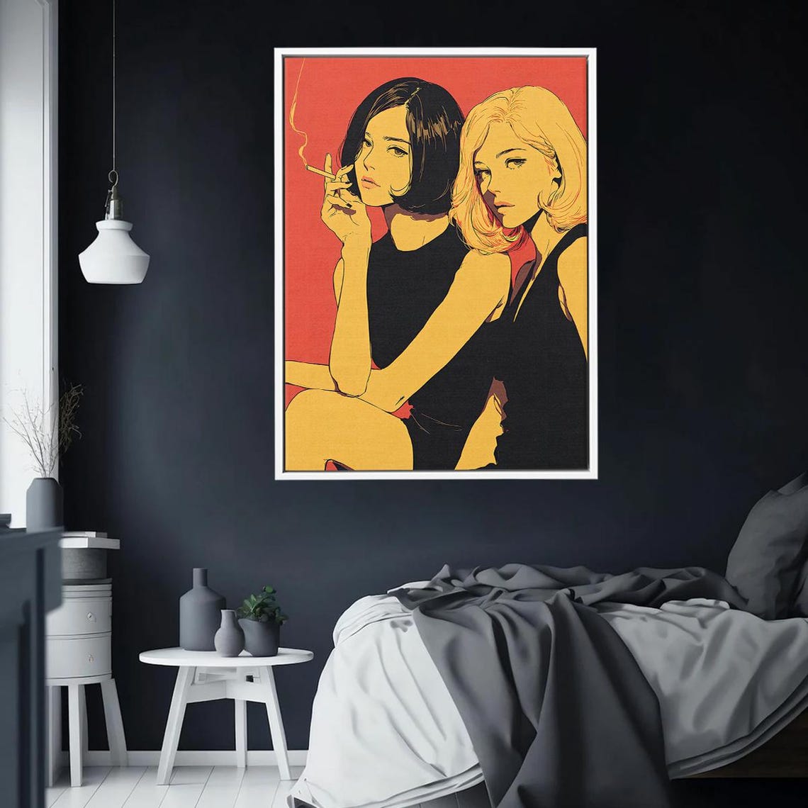 Two Stylish Women Red Background Pop Art Cigarette Retro Poster