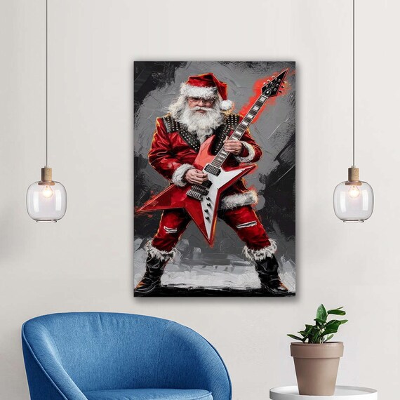 Rockstar Santa Claus Playing Electric Guitar Cool And Funny Christmas Canvas Print Alternative Xmas Wall Art