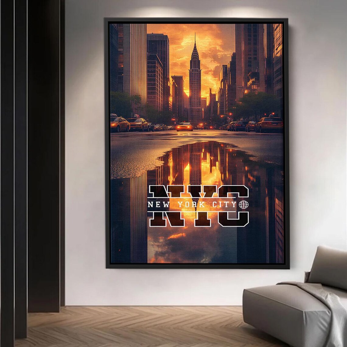 New York City Sunset Skyline With Chrysler Building Reflection Wall Art