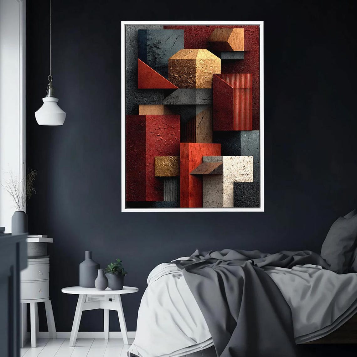 Textured 3D Cubes Geometric Abstract in Rust and Charcoal Poster