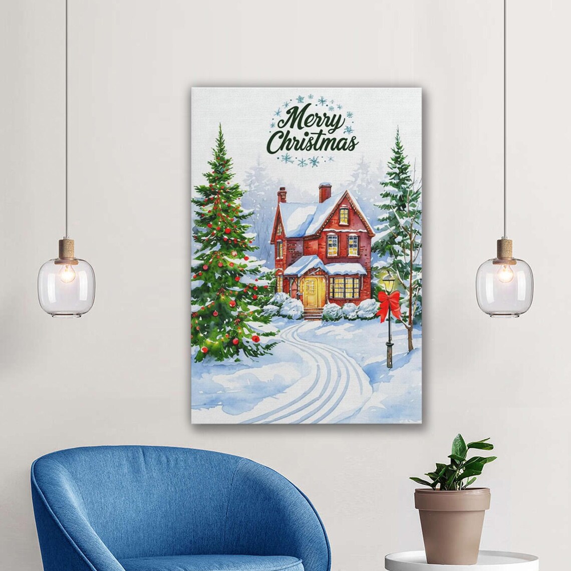 Merry Christmas Red Brick House Snowy Winter Village Scene Poster