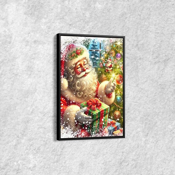 Santa Claus Holding Gift Box Christmas Tree Jolly Holiday Poster