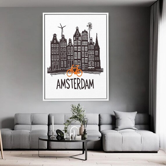 Amsterdam Wall Art Bicycle And Canal Houses Illustration Holland City Poster Minimalist Travel Canvas For Living Room Dutch Decor