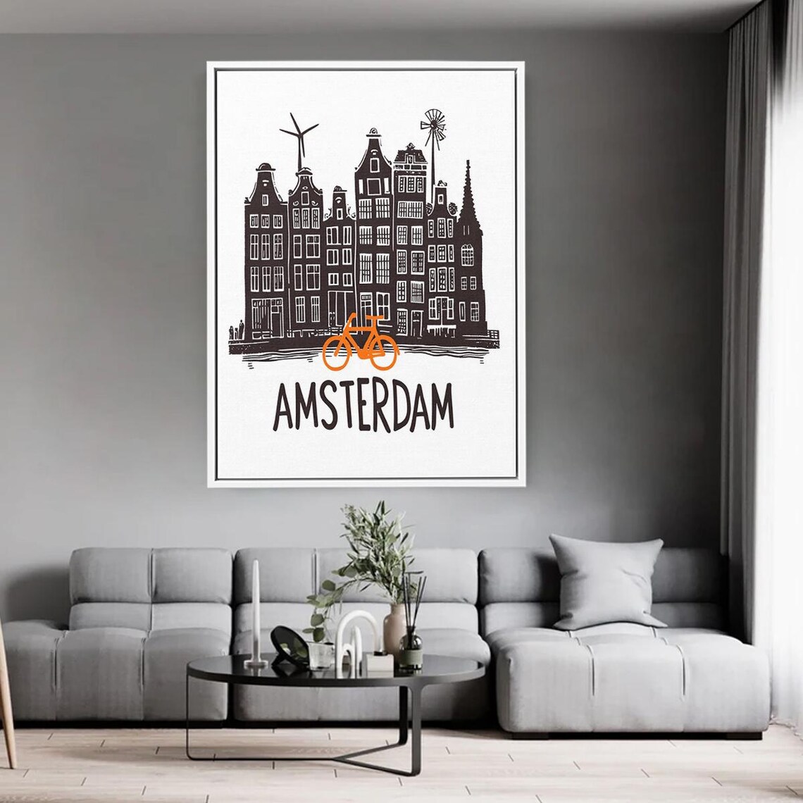 Amsterdam Wall Art Bicycle And Canal Houses Illustration Holland City Poster Minimalist Travel Canvas For Living Room Dutch Decor