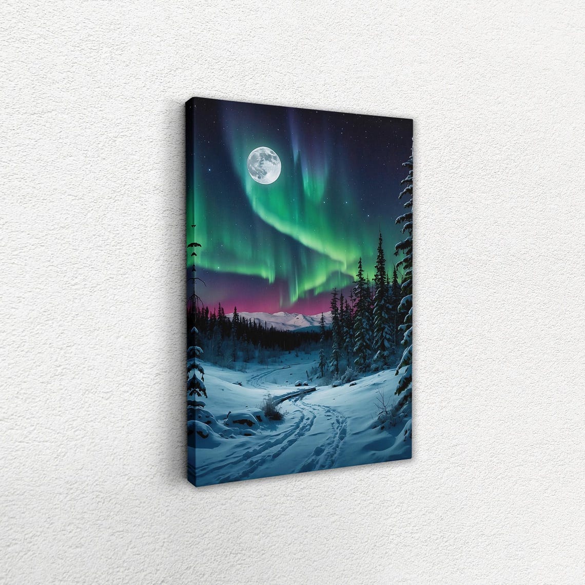 Northern Lights And Full Moon Canvas Winter Landscape Wall Art Peaceful Nature Scene Home Decoration