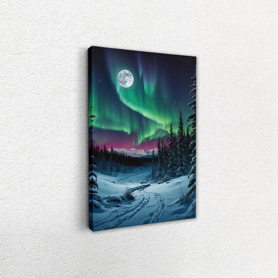 Northern Lights And Full Moon Canvas Winter Landscape Wall Art Peaceful Nature Scene Home Decoration
