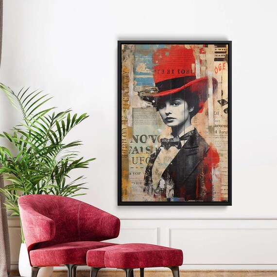 Woman In Red Hat Vintage Newspaper Collage Pop Art Portrait Poster
