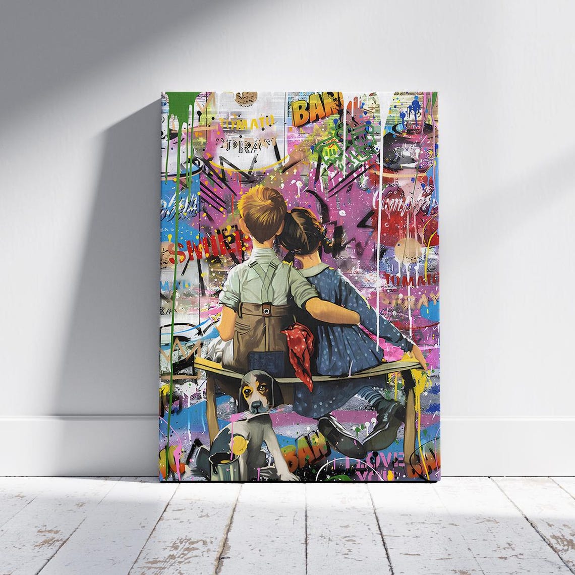 Pop Art Kids with Beagle Dog Against Graffiti Wall Street Poster