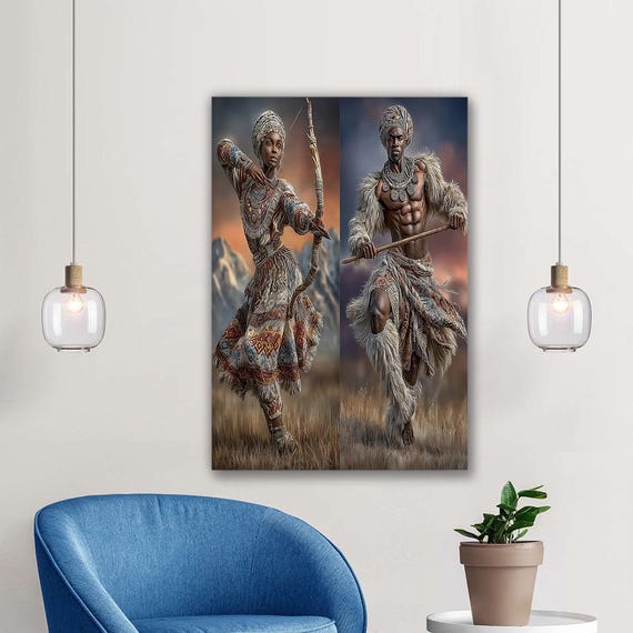 African Warrior Couple Canvas Wall Art Tribal Heritage Painting Cultural Strength And Beauty Artwork For Home Deco