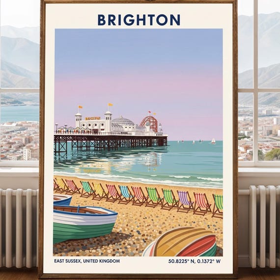 Pier Poster Blue And Pink Seaside Illustration Uk Travel Art For Enthusiasts Contemporary Artwork