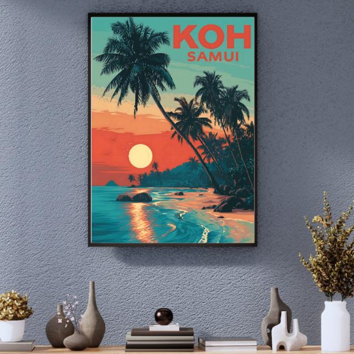 Koh Samui Vintage Travel Poster Tropical Sunset Beach Palms Thailand