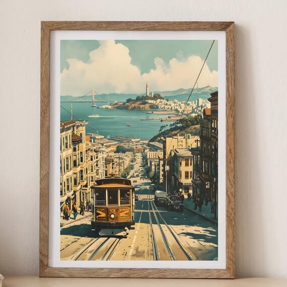 San Francisco Cable Car Vintage Travel Poster Bay City Street Scene