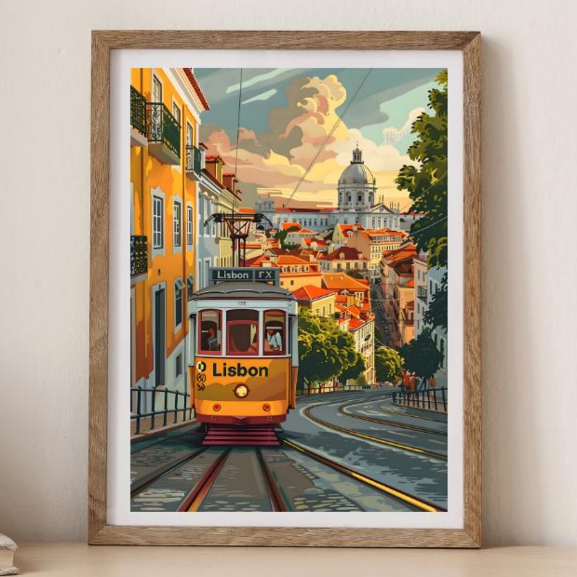 Lisbon Portugal Yellow Tram Vintage Street Scene Travel Poster