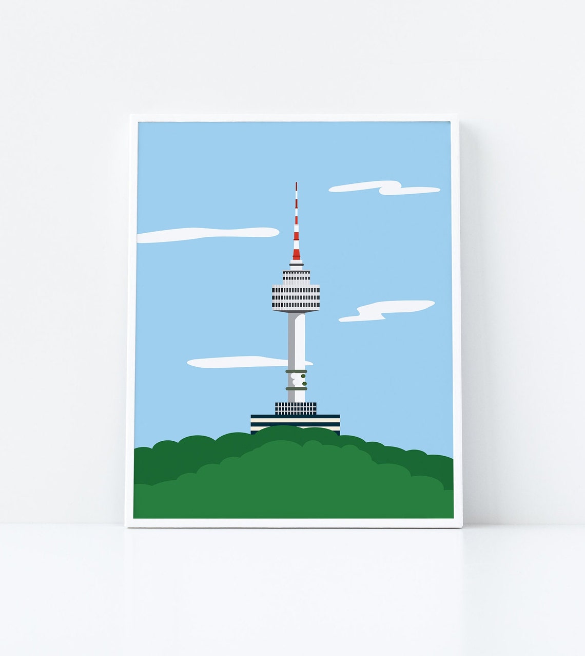 Seoul Tower Namsan Mountain Cheerful Flat Design Korean Art Poster