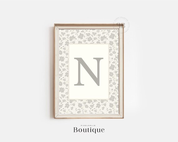 Elegant Letter N Monogram Grey Floral Initial Nursery Wall Art