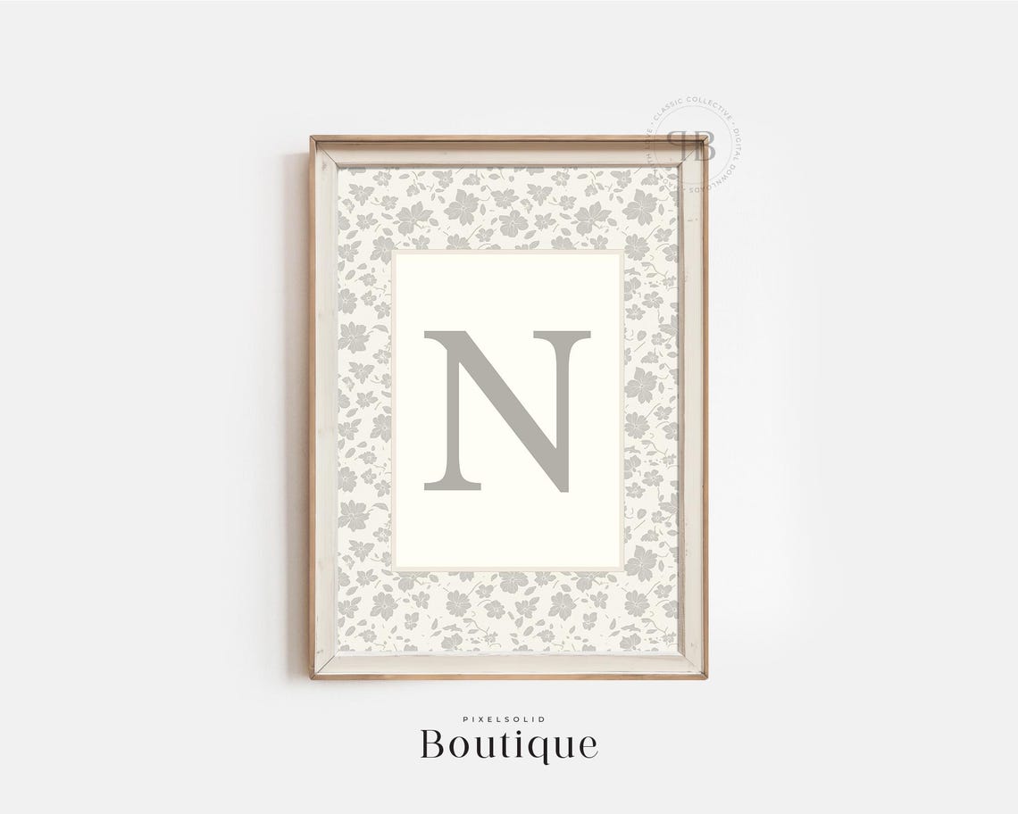 Elegant Letter N Monogram Grey Floral Initial Nursery Wall Art