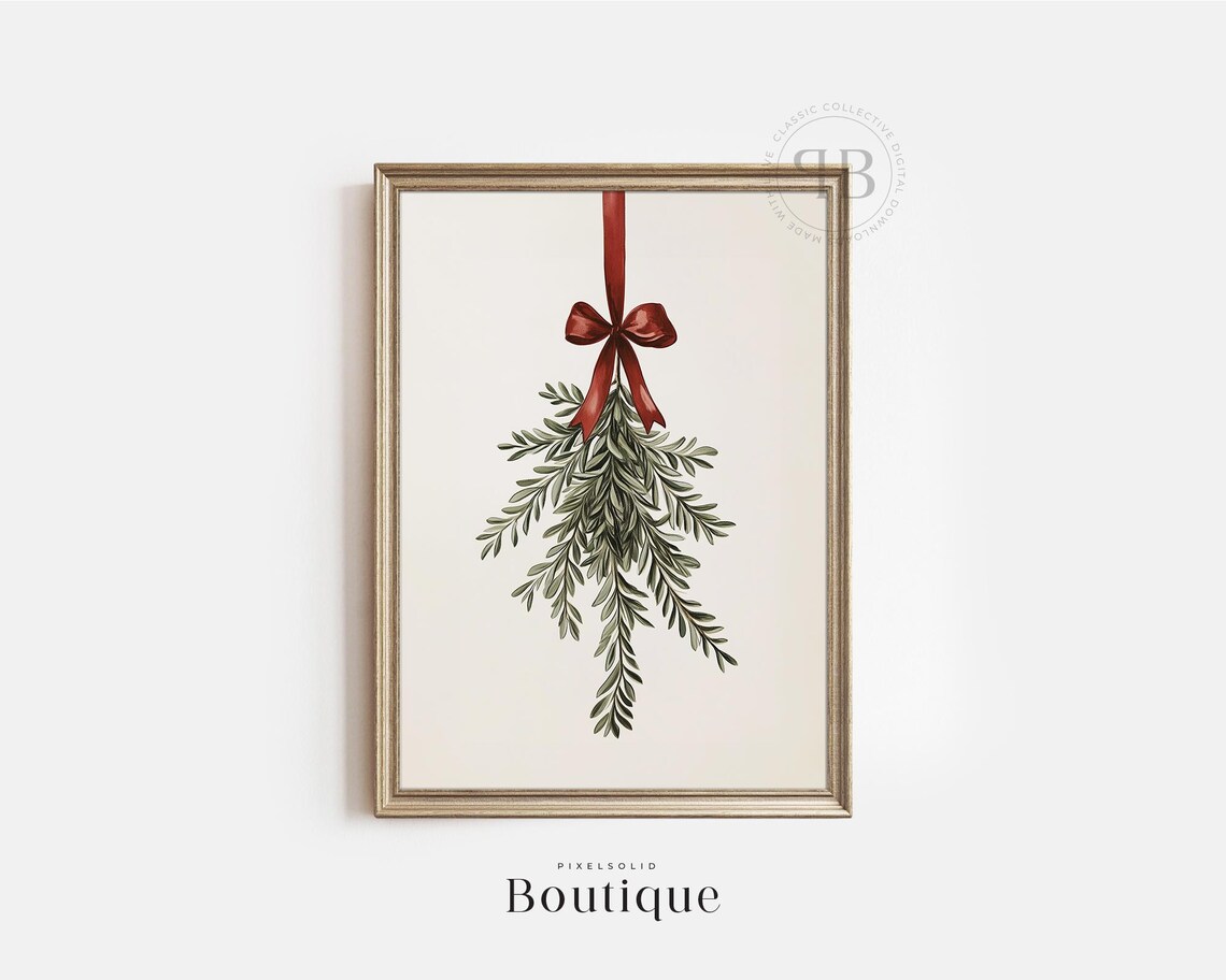 Christmas Mistletoe with Red Satin Bow Festive Holiday Art Poster
