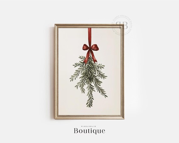 Christmas Mistletoe Art Print With Red Bow Festive Holiday Wall Dcor Vintagestyle Illustration Decoration Poster No514