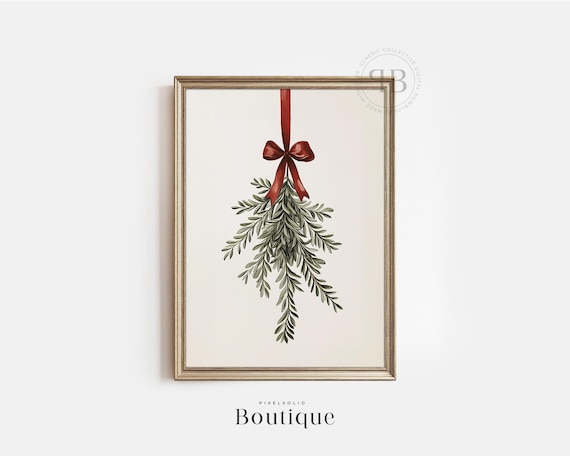 Christmas Mistletoe with Red Satin Bow Festive Holiday Art Poster