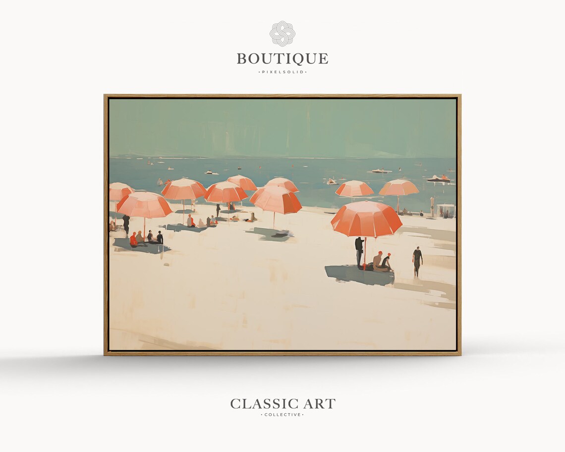 Coral Beach Umbrellas Oil Painting Summer Shore Abstract Coast Poster