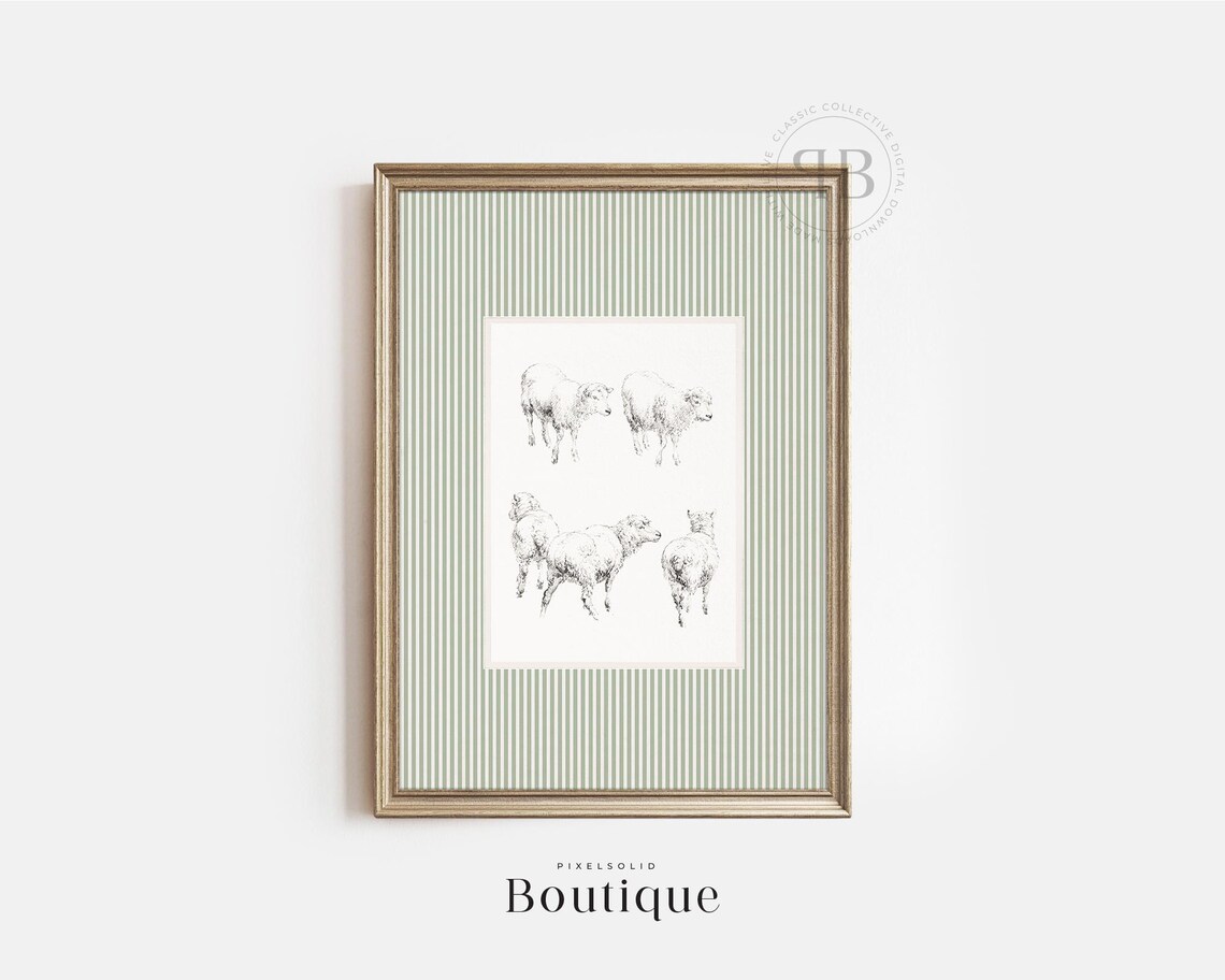Sheep Sketch Studies Sage Striped Mat Neutral Farm Animal Nursery Art Poster