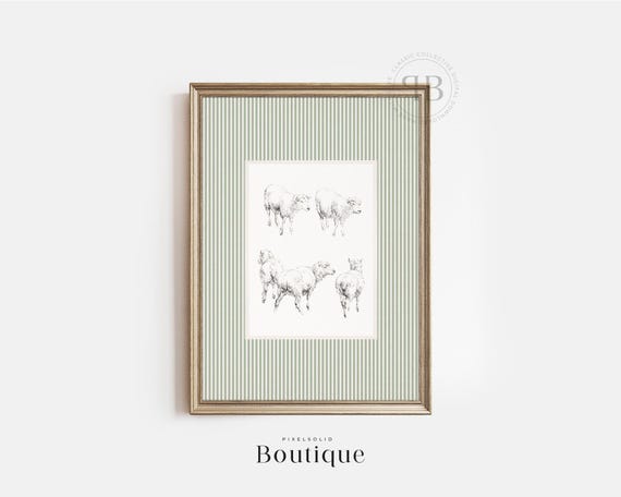 Farmhouse Sheep Sketch Print Neutral Nursery Animal Drawing Rustic Kitchen Wall Decor Vintage Style No810