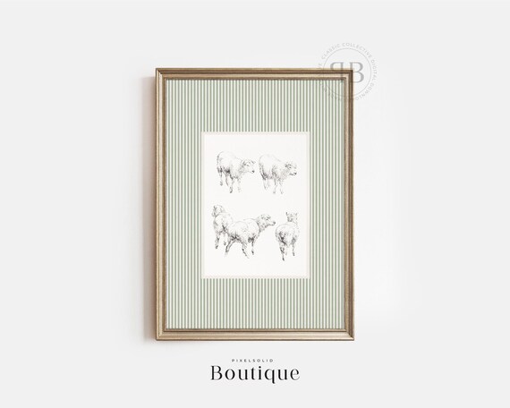 Sheep Sketch Studies Sage Striped Mat Neutral Farm Animal Nursery Art Poster