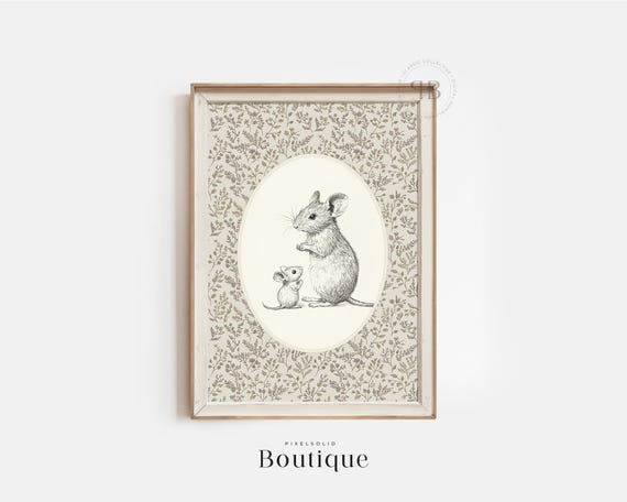 Classic Mouse Family Illustration Print Farmhouse Wall Art Rustic Animal Decor Cute Mother Baby Mice On Floral Background No532