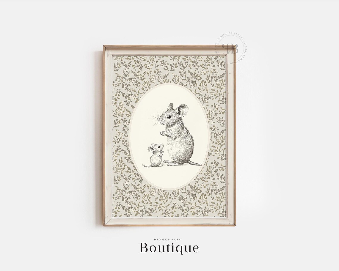 Mother and Baby Mouse Family Vintage Farmhouse Illustration Poster