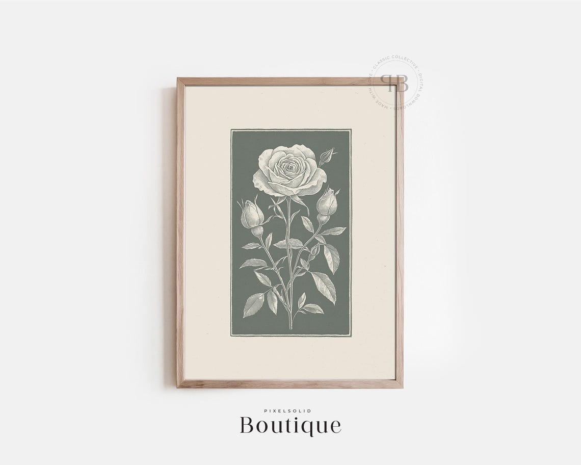 Rose Botanical Print Floral Wall Art Monochrome Green Nature Illustration Vintage Style Decor No608