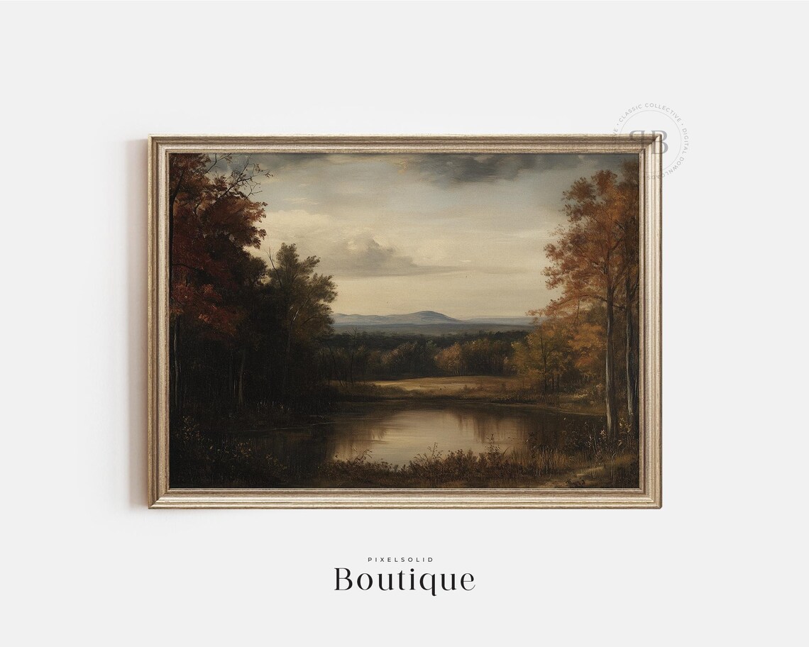 Autumn Forest Pond Reflection Vintage Oil Landscape Art Poster