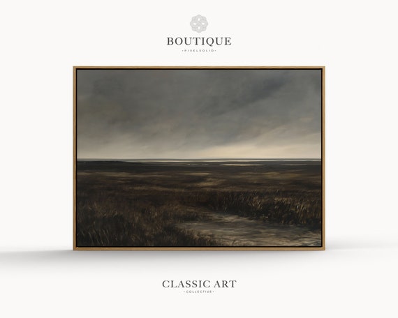 Moody Marsh Field Dark Brown Art Soft Farm House Decor Minimalistic Wall Gloomy Landscape Painting No244
