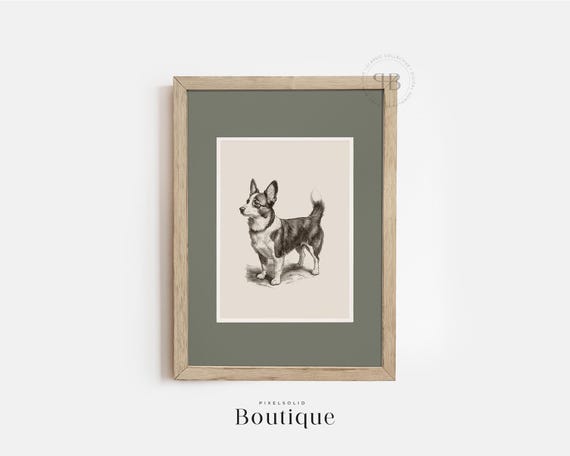 Corgi Dog Classic Art Print Adorable Pet Illustration Black And White Drawing Cute Animal Wall Farmhouse Style Decor No474