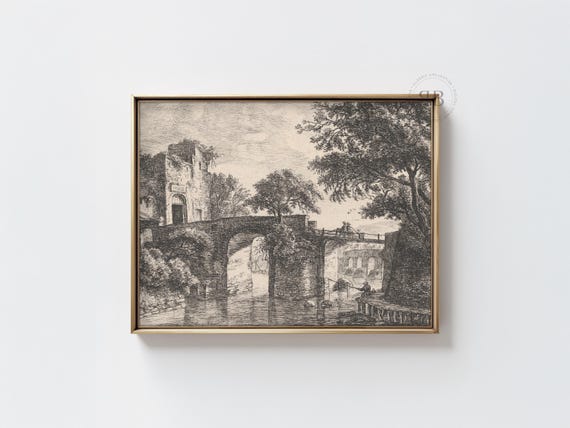 Antique Bridge Landscape Historical Architecture Print European Village Ink Drawing Vintage Style Wall Art No855
