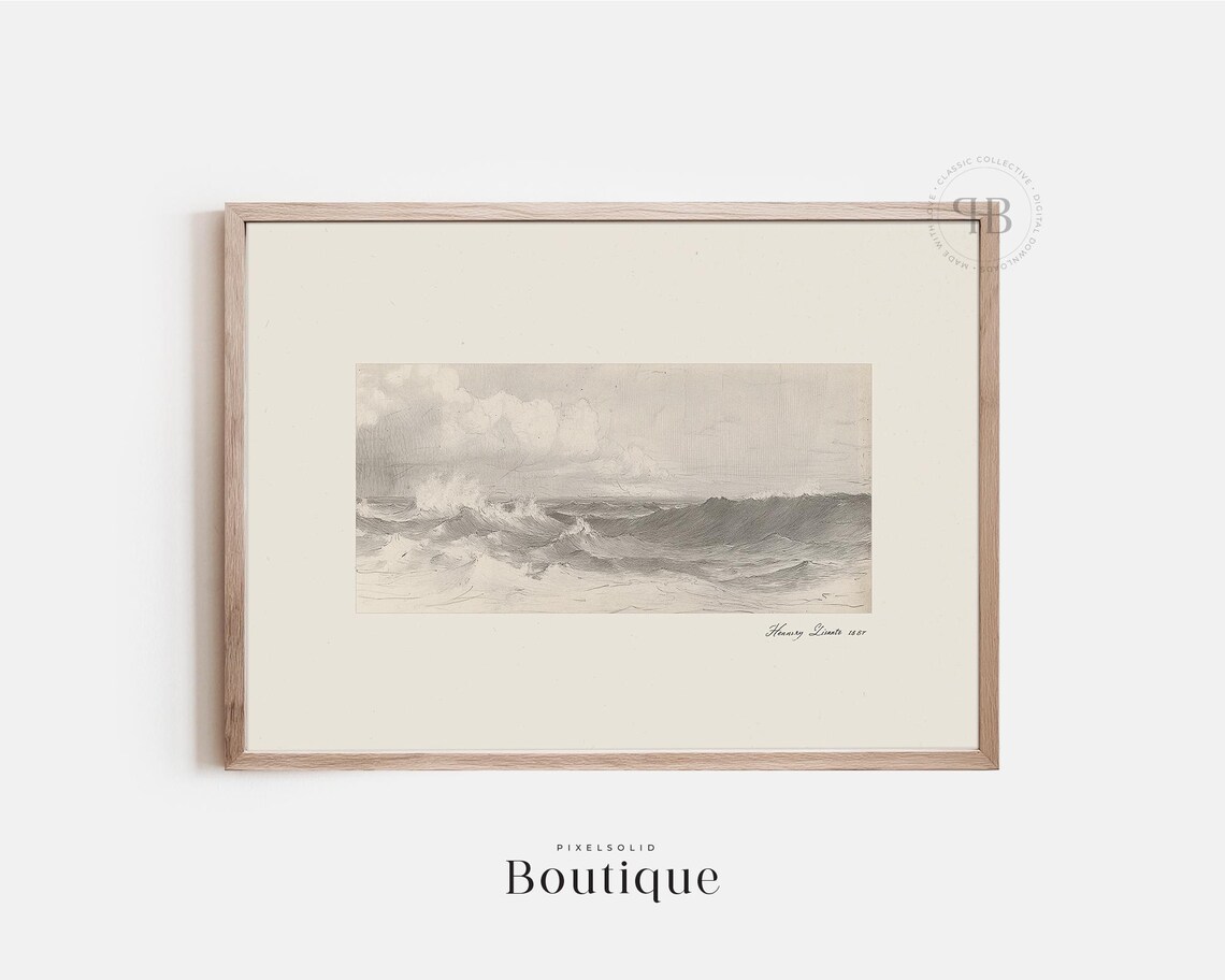 Vintage Sepia Ocean Waves Sketch Classic Nautical Drawing Print