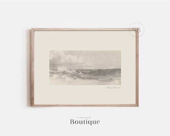 Vintage Sepia Ocean Waves Sketch Classic Nautical Drawing Print