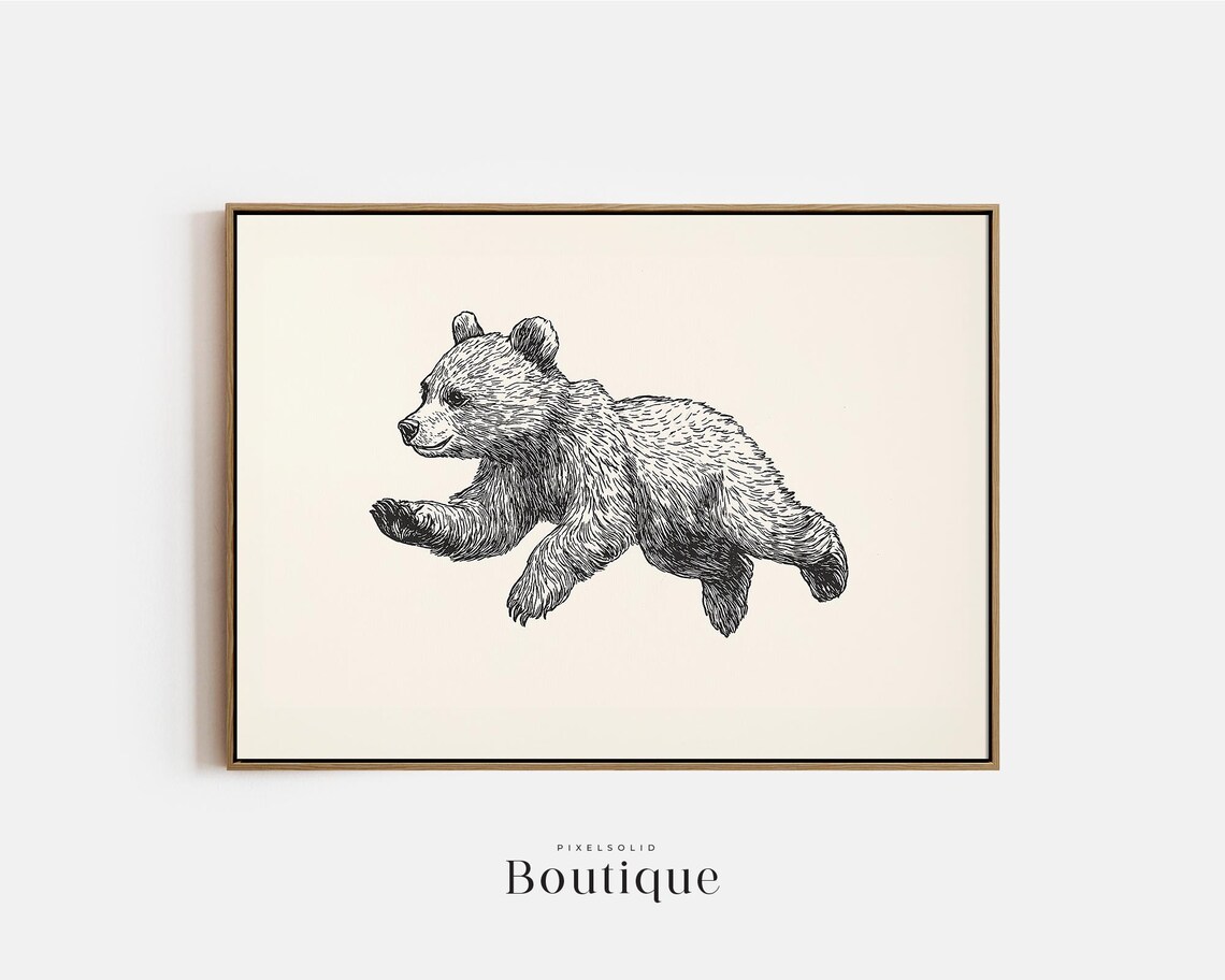 Baby Bear Cub Black And White Sketch Nursery Animal Wall Art