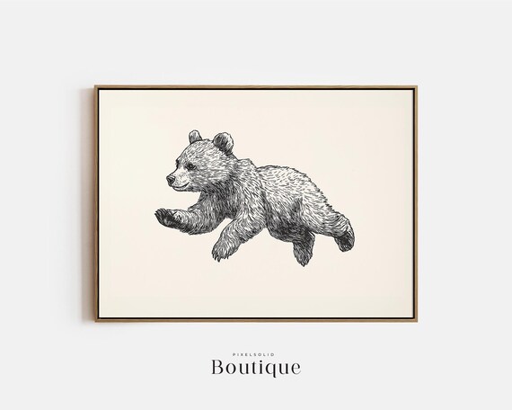 Baby Bear Cub Black And White Sketch Nursery Animal Wall Art