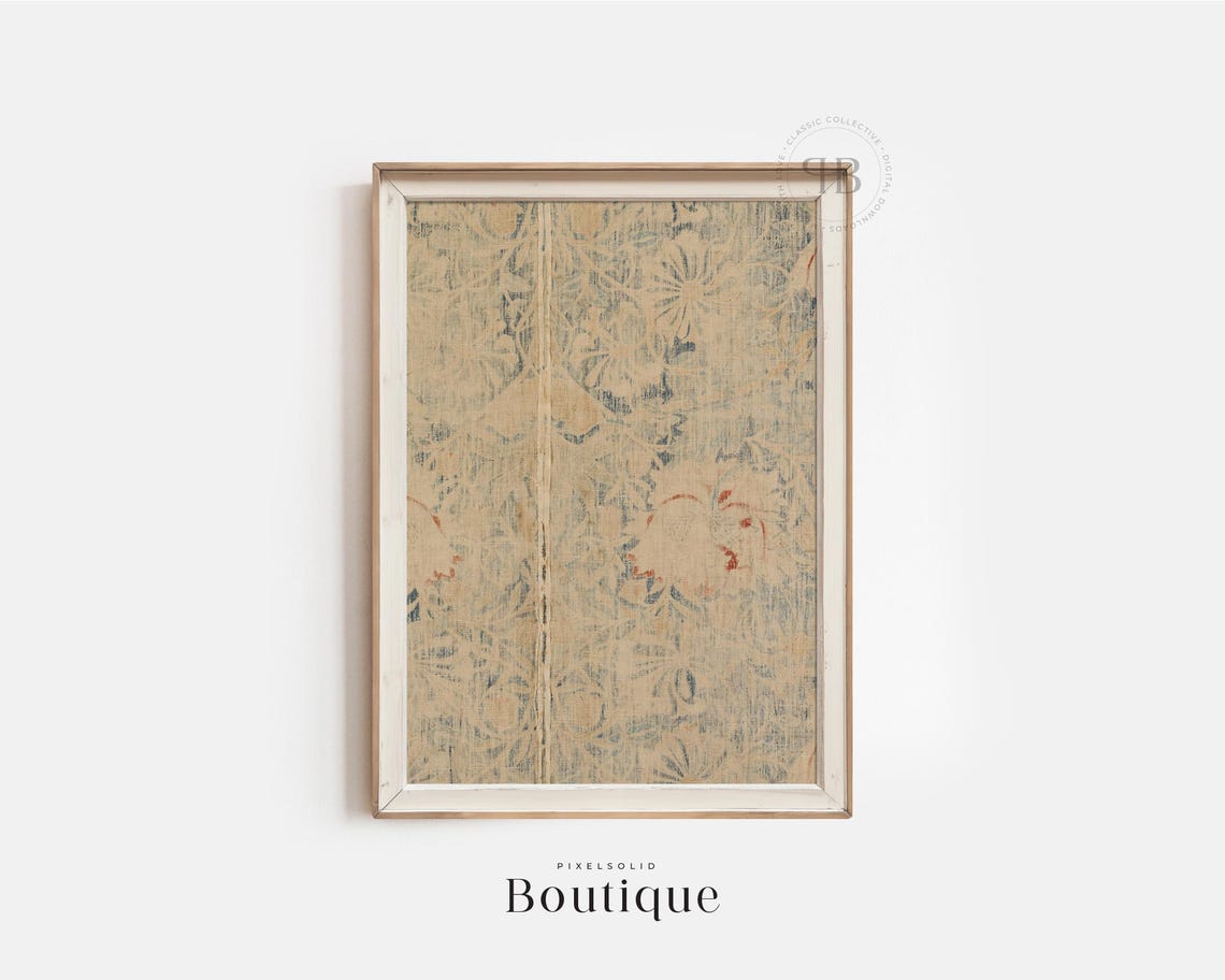 Distressed Floral Antique Style Textile Art Faded Fabric Pattern Wall Rustic Botanical Vintage No720